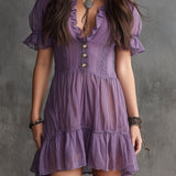 Purple Chiffon Mini Dress with Puffed Sleeves, Frills and Buttons