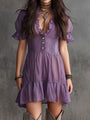 Purple Chiffon Mini Dress with Puffed Sleeves, Frills and Buttons