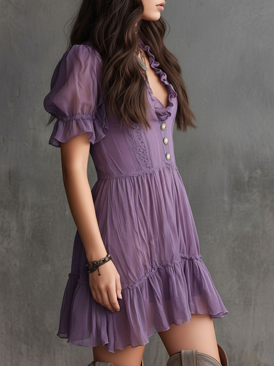 Purple Chiffon Mini Dress with Puffed Sleeves, Frills and Buttons — view 2