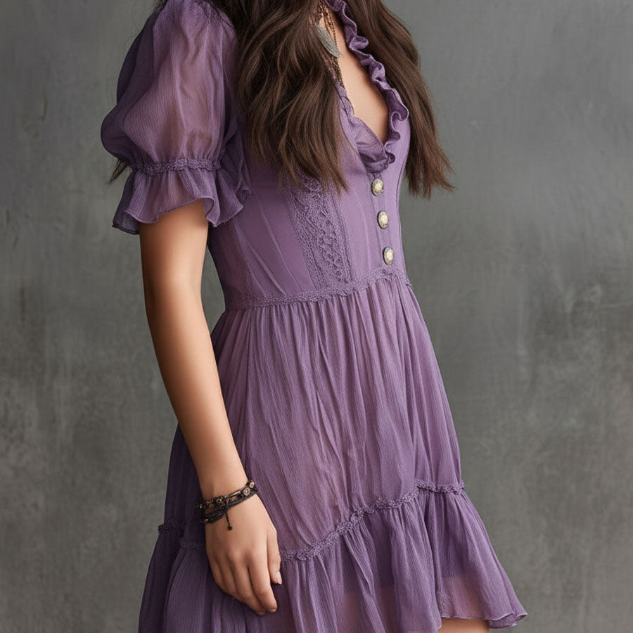 Purple Chiffon Mini Dress with Puffed Sleeves, Frills and Buttons — view 2