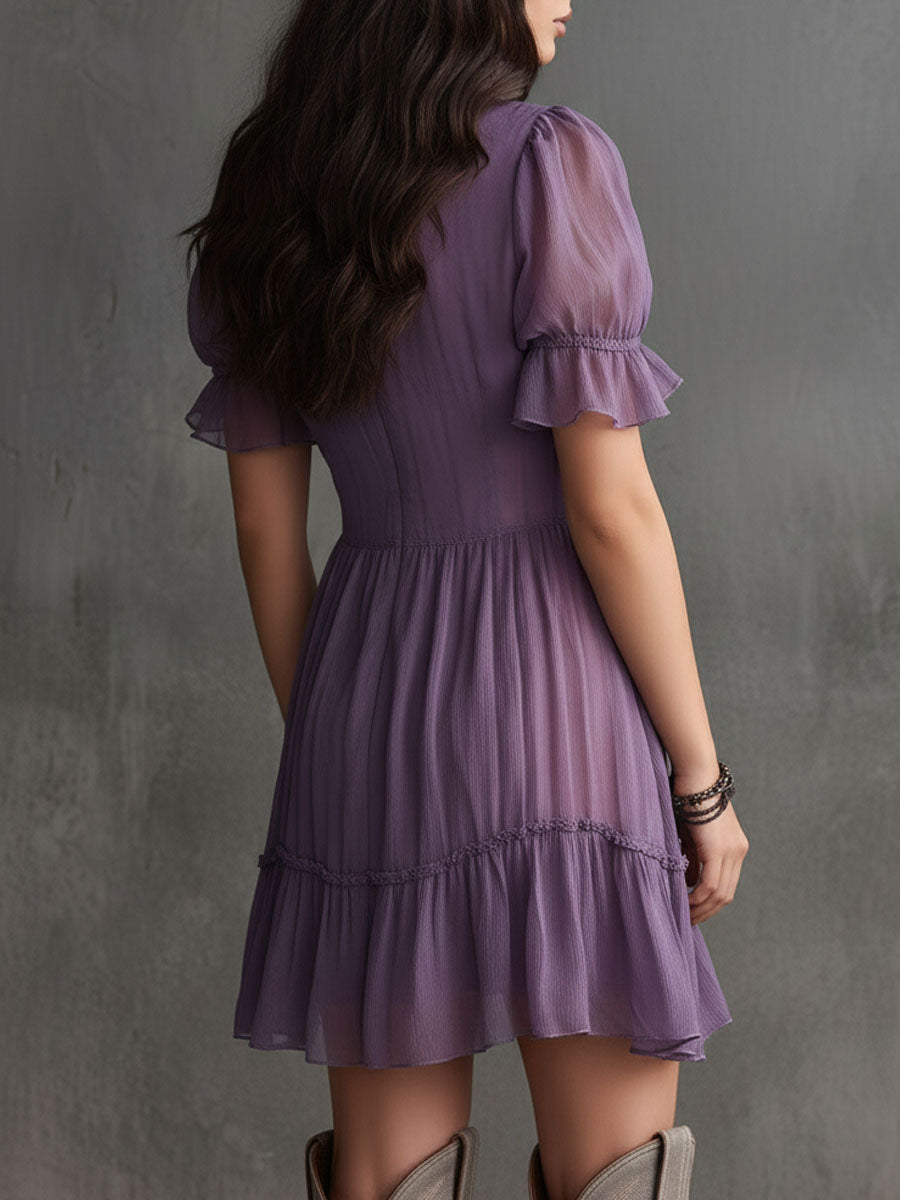 Purple Chiffon Mini Dress with Puffed Sleeves, Frills and Buttons — view 3