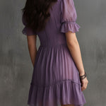 Purple Chiffon Mini Dress with Puffed Sleeves, Frills and Buttons — view 3