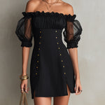 Black Mini Dress with Cut-Out Shoulders and Puff Sleeves — view 3