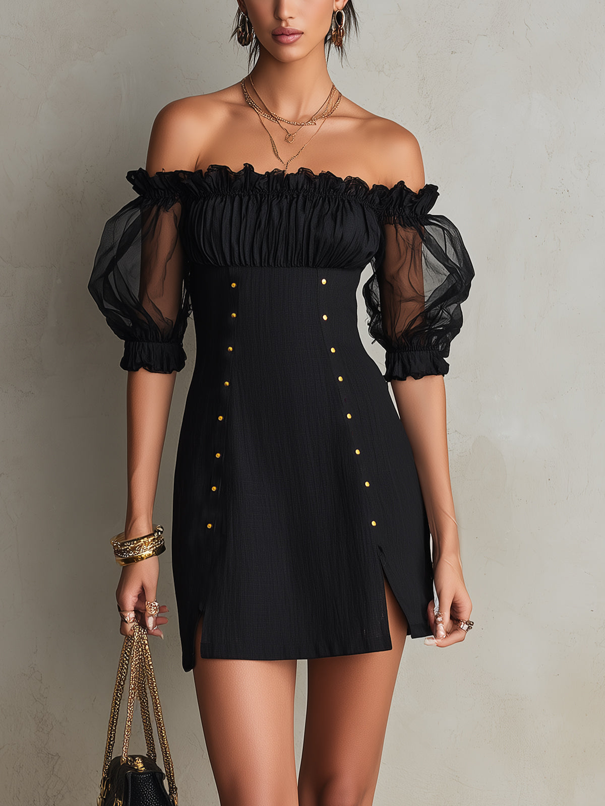 Black Mini Dress with Cut-Out Shoulders and Puff Sleeves — view 3