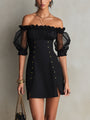 Black Mini Dress with Cut-Out Shoulders and Puff Sleeves — view 3