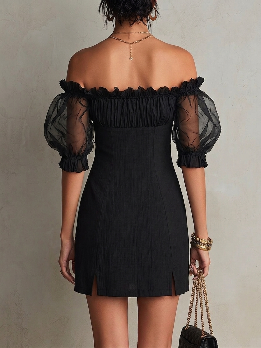Black Mini Dress with Cut-Out Shoulders and Puff Sleeves — view 2