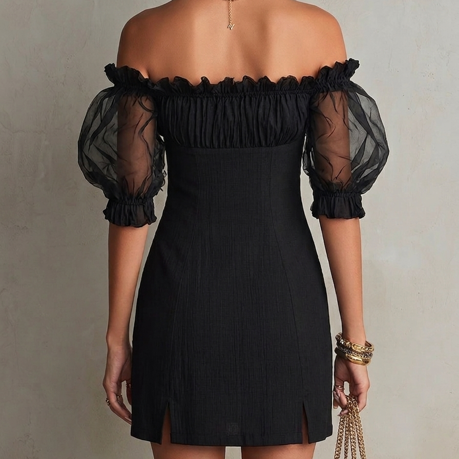 Black Mini Dress with Cut-Out Shoulders and Puff Sleeves — view 2