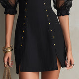 Black Mini Dress with Cut-Out Shoulders and Puff Sleeves — view 4