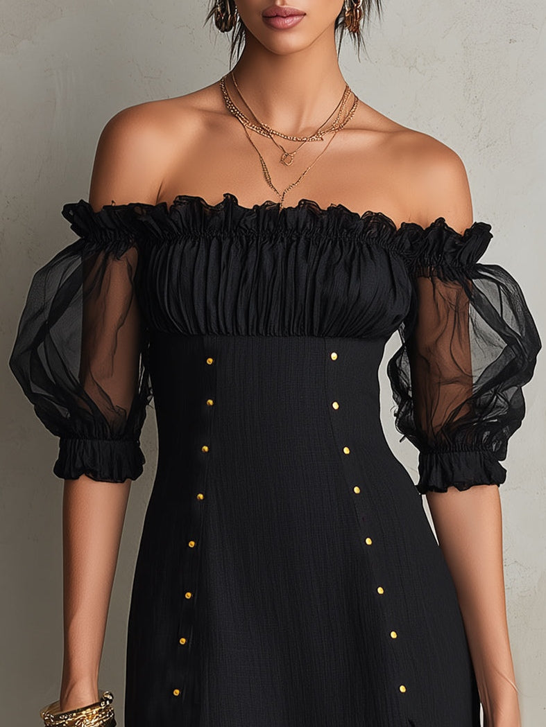 Black Mini Dress with Cut-Out Shoulders and Puff Sleeves