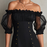 Black Mini Dress with Cut-Out Shoulders and Puff Sleeves