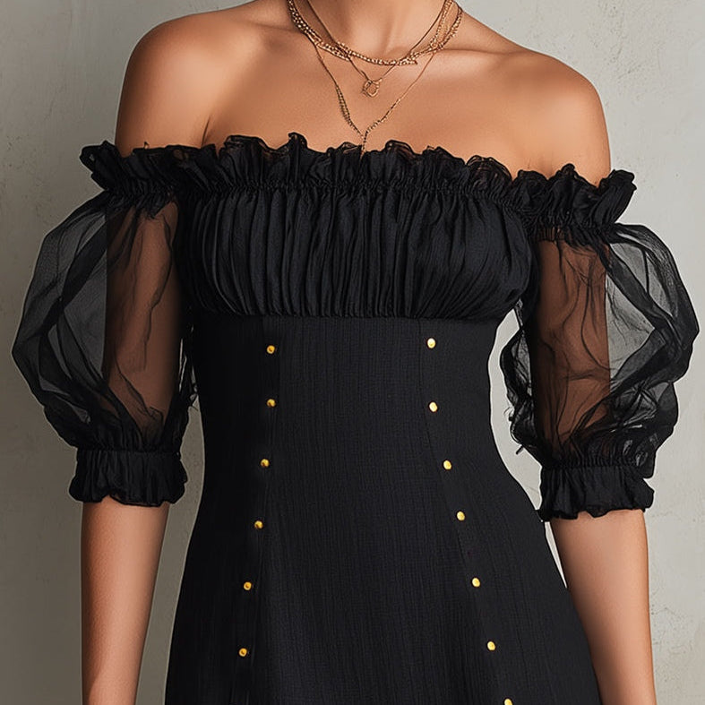Black Mini Dress with Cut-Out Shoulders and Puff Sleeves