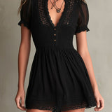 Black Pleated Mini Dress with Lace — view 2