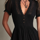 Black Pleated Mini Dress with Lace — view 4
