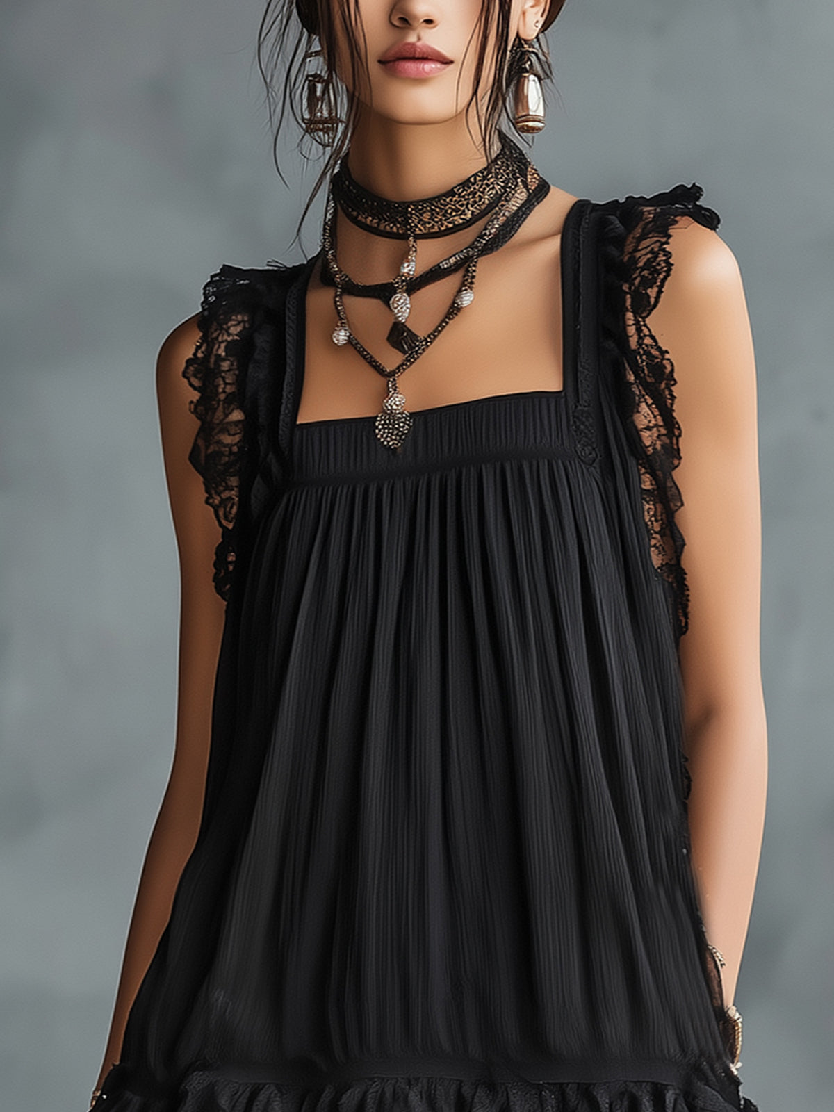 Black Tulle Mini Dress with Ruffles and Lace — view 4