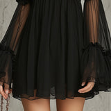 Pleated Chiffon Mini Dress with Black Floral Appliqués and High Neck — view 5