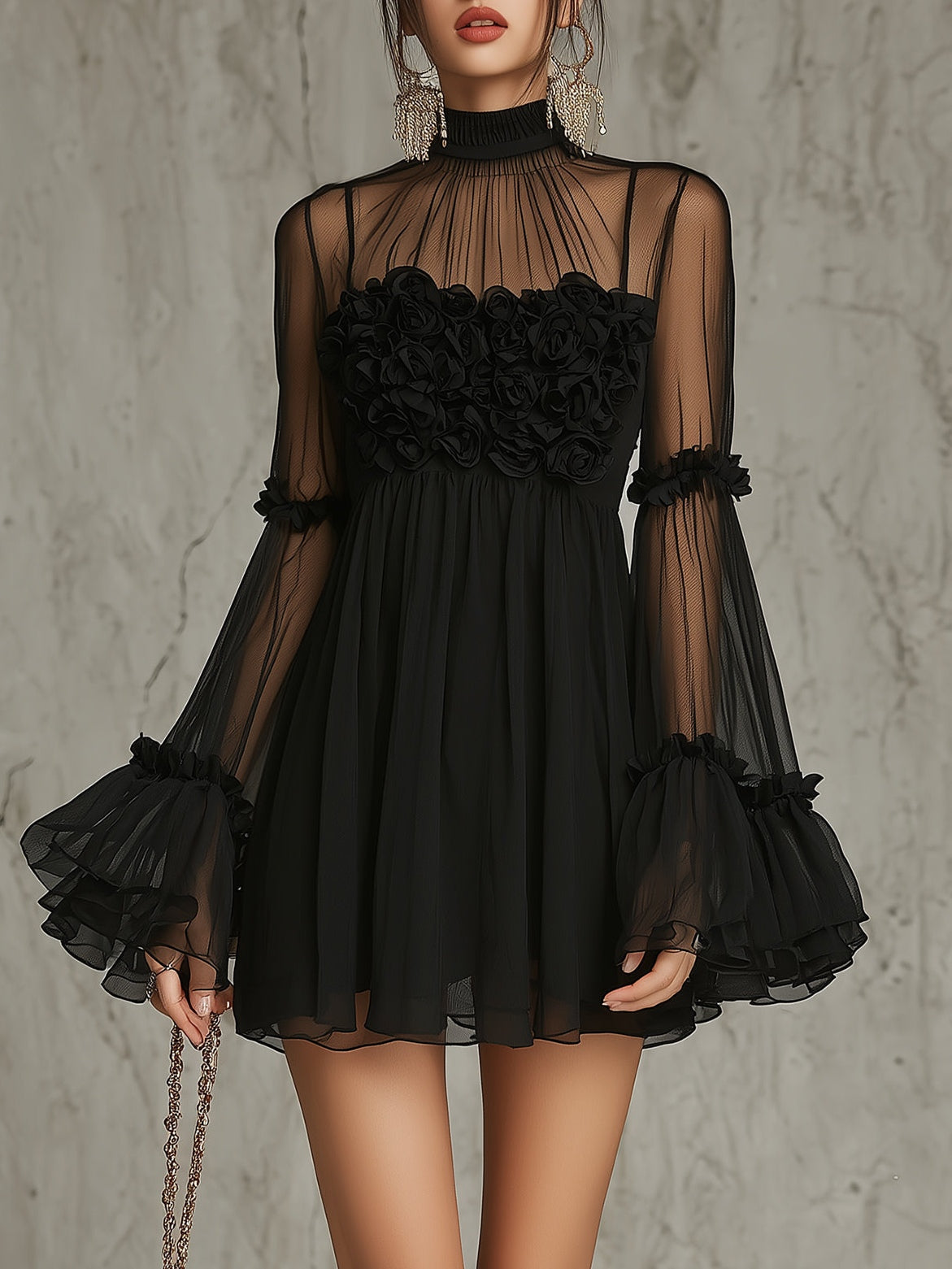 Pleated Chiffon Mini Dress with Black Floral Appliqués and High Neck