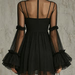 Pleated Chiffon Mini Dress with Black Floral Appliqués and High Neck — view 3