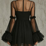 Pleated Chiffon Mini Dress with Black Floral Appliqués and High Neck — view 3