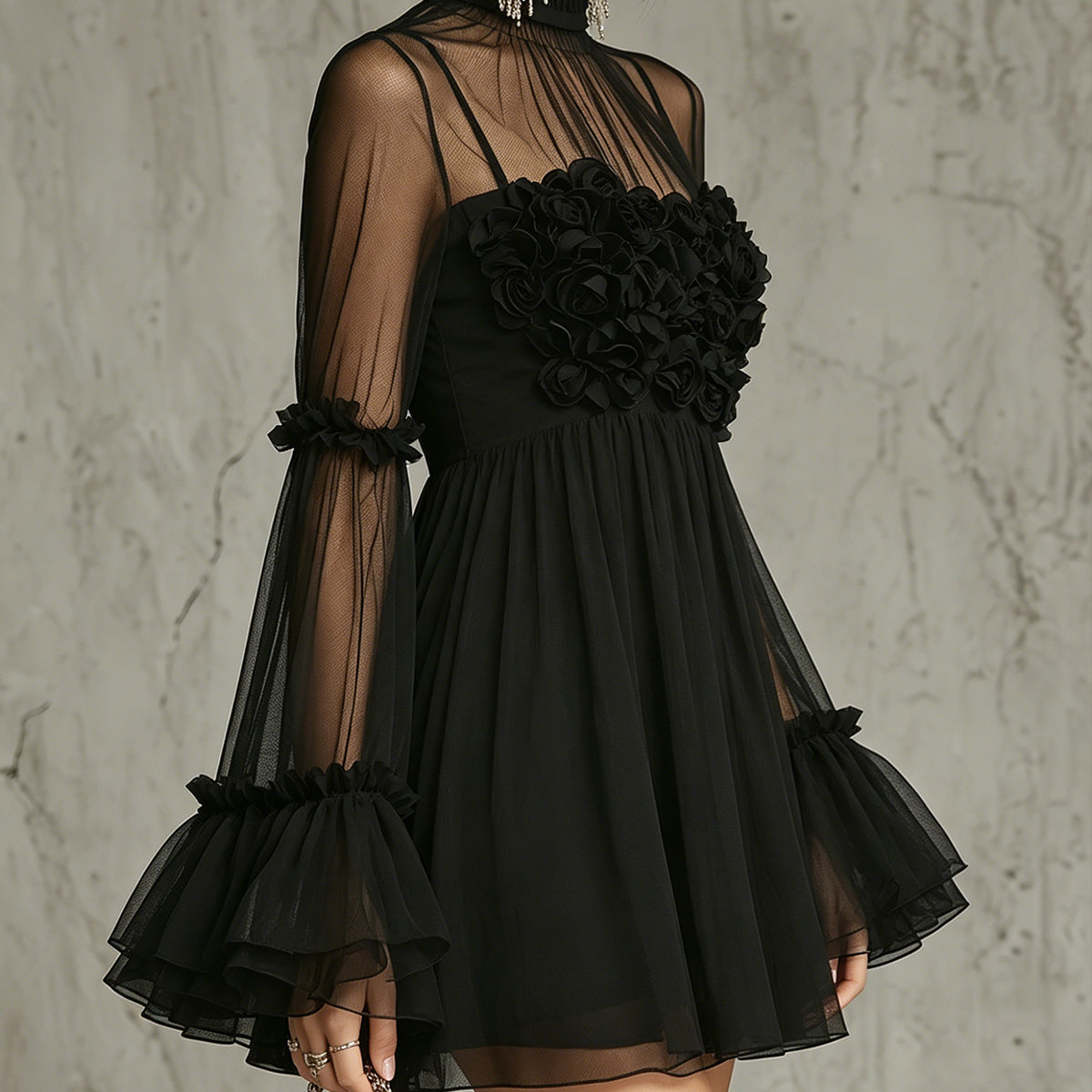 Pleated Chiffon Mini Dress with Black Floral Appliqués and High Neck — view 2