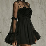 Pleated Chiffon Mini Dress with Black Floral Appliqués and High Neck — view 2