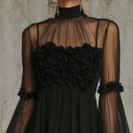 Pleated Chiffon Mini Dress with Black Floral Appliqués and High Neck — view 4