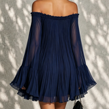 Navy Blue Mini Dress with Off-the-Shoulder Neckline and Bell Sleeves — view 3