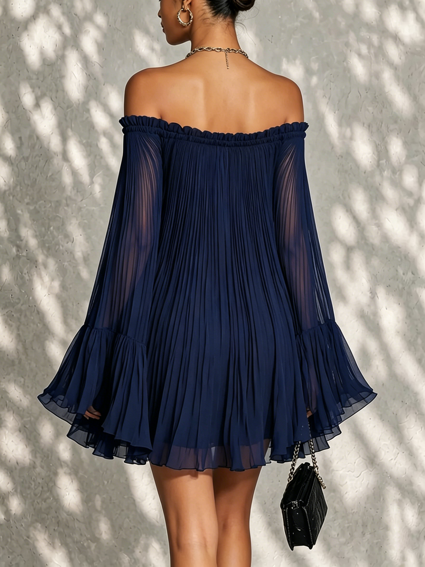 Navy Blue Mini Dress with Off-the-Shoulder Neckline and Bell Sleeves — view 3