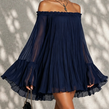 Navy Blue Mini Dress with Off-the-Shoulder Neckline and Bell Sleeves — view 2
