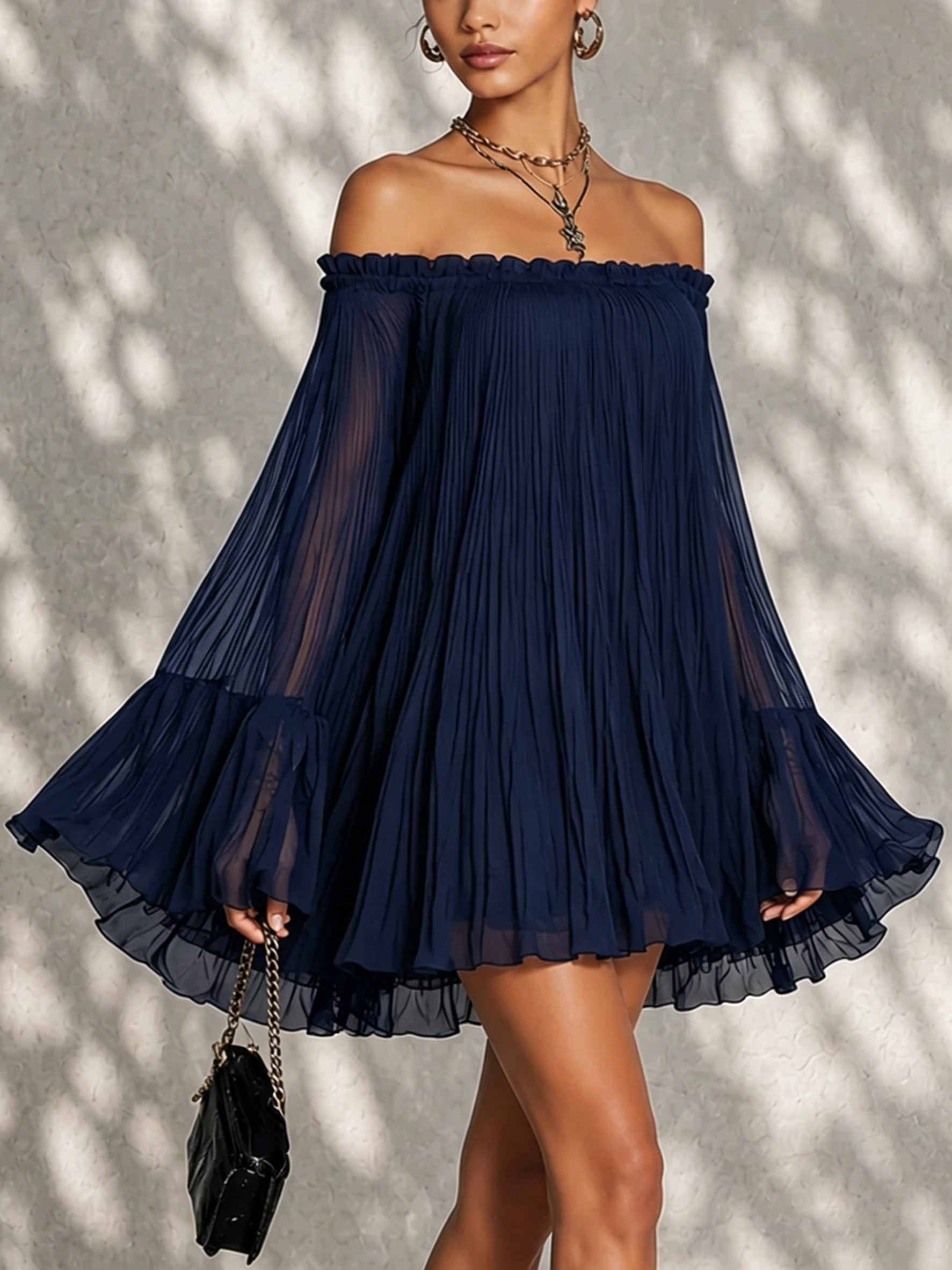 Navy Blue Mini Dress with Off-the-Shoulder Neckline and Bell Sleeves — view 2