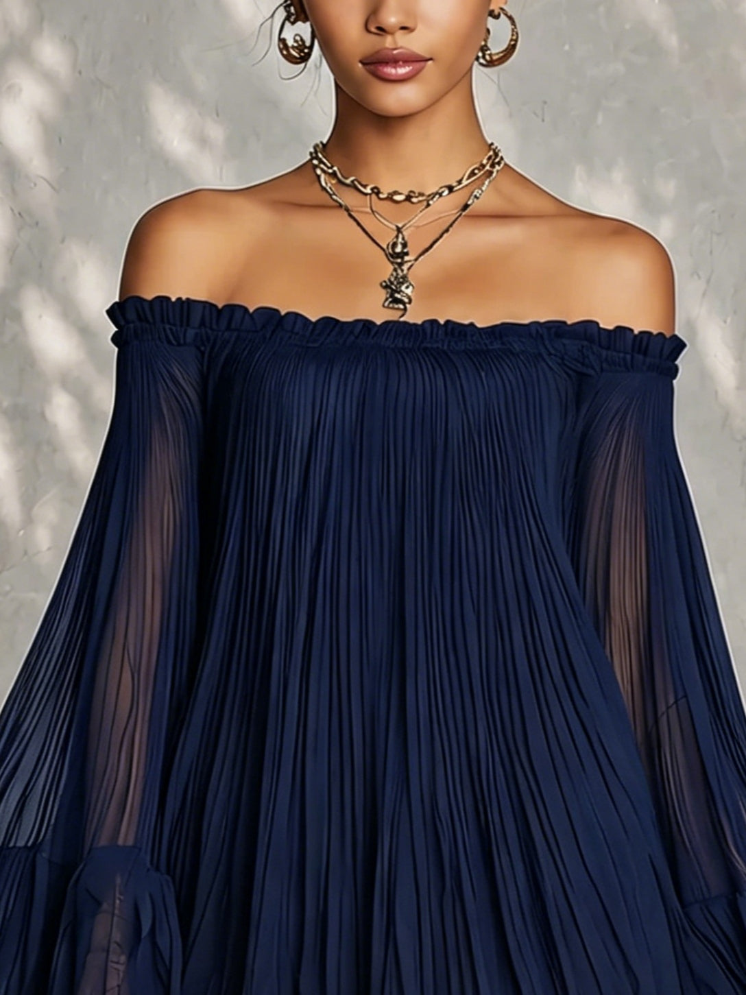 Navy Blue Mini Dress with Off-the-Shoulder Neckline and Bell Sleeves — view 4