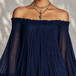 Navy Blue Mini Dress with Off-the-Shoulder Neckline and Bell Sleeves — view 4
