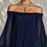 Navy Blue Mini Dress with Off-the-Shoulder Neckline and Bell Sleeves — view 4