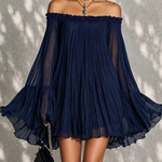 Navy Blue Mini Dress with Off-the-Shoulder Neckline and Bell Sleeves