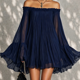 Navy Blue Mini Dress with Off-the-Shoulder Neckline and Bell Sleeves