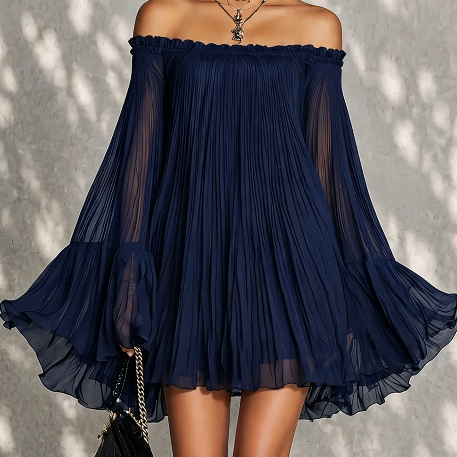 Navy Blue Mini Dress with Off-the-Shoulder Neckline and Bell Sleeves