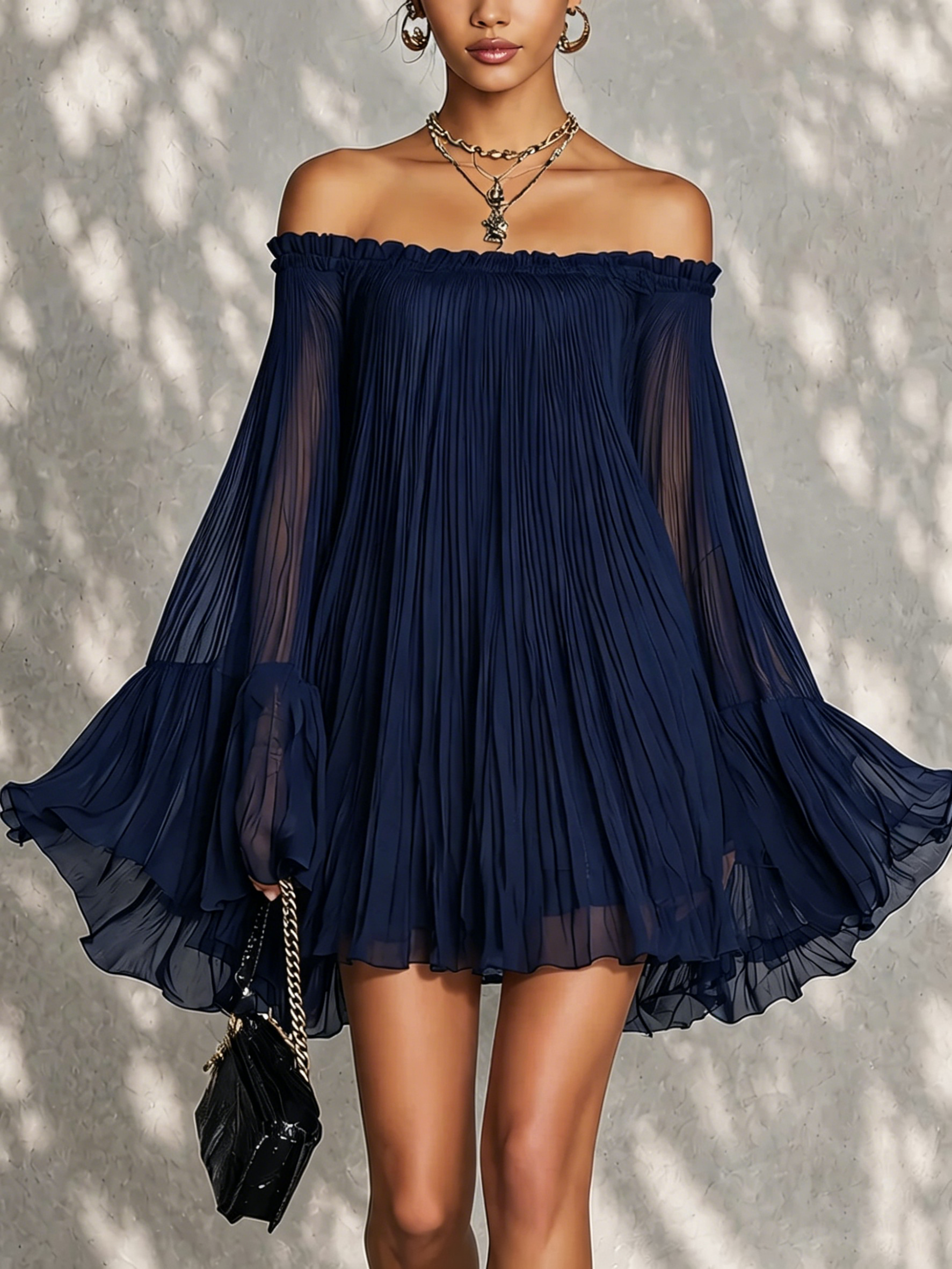 Navy Blue Mini Dress with Off-the-Shoulder Neckline and Bell Sleeves