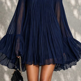 Navy Blue Mini Dress with Off-the-Shoulder Neckline and Bell Sleeves — view 5