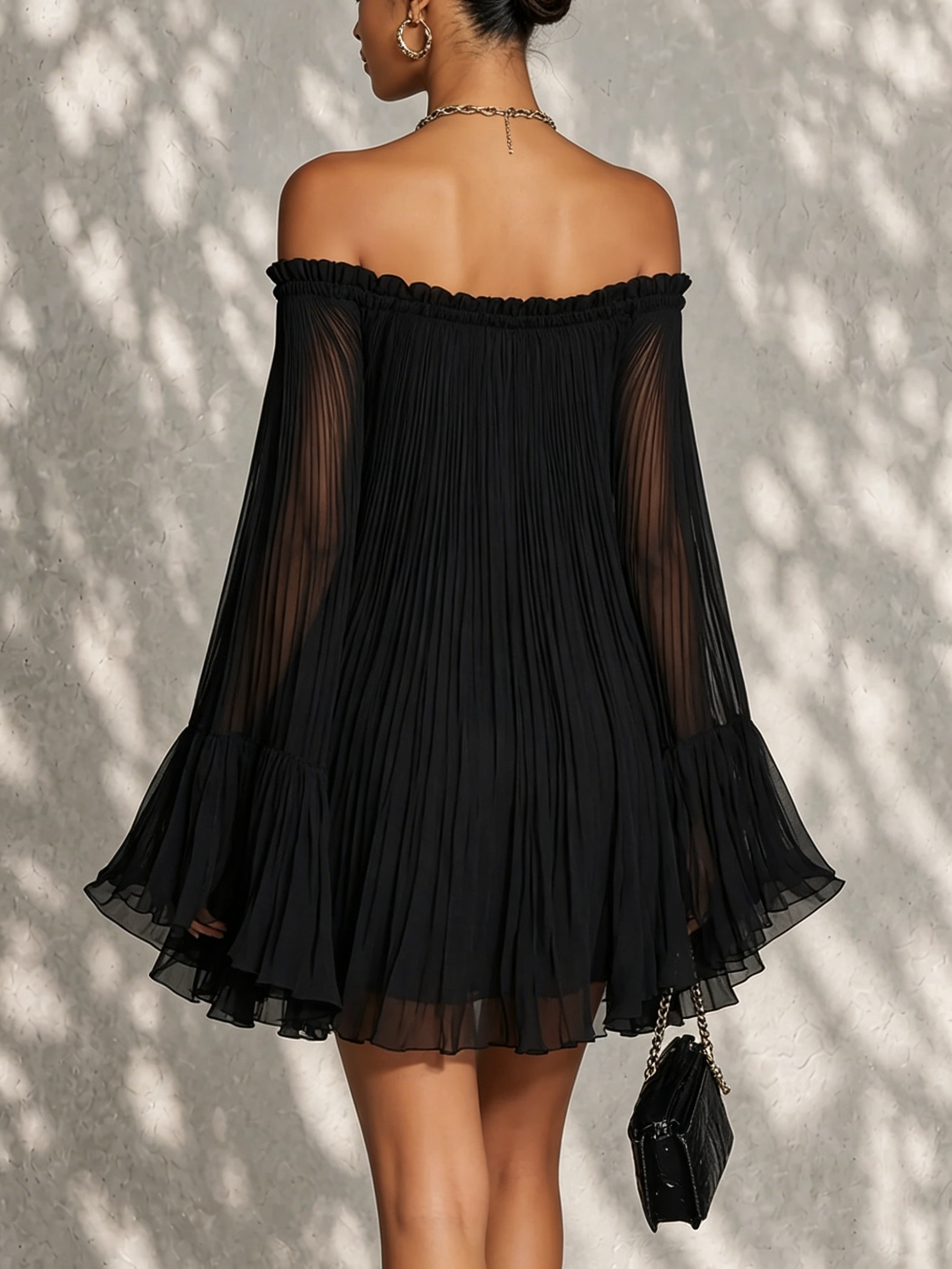 Black Mini Dress in Chiffon with Off-Shoulder Neckline and Bell Sleeves — view 3