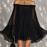 Black Mini Dress in Chiffon with Off-Shoulder Neckline and Bell Sleeves