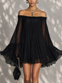 Black Mini Dress in Chiffon with Off-Shoulder Neckline and Bell Sleeves