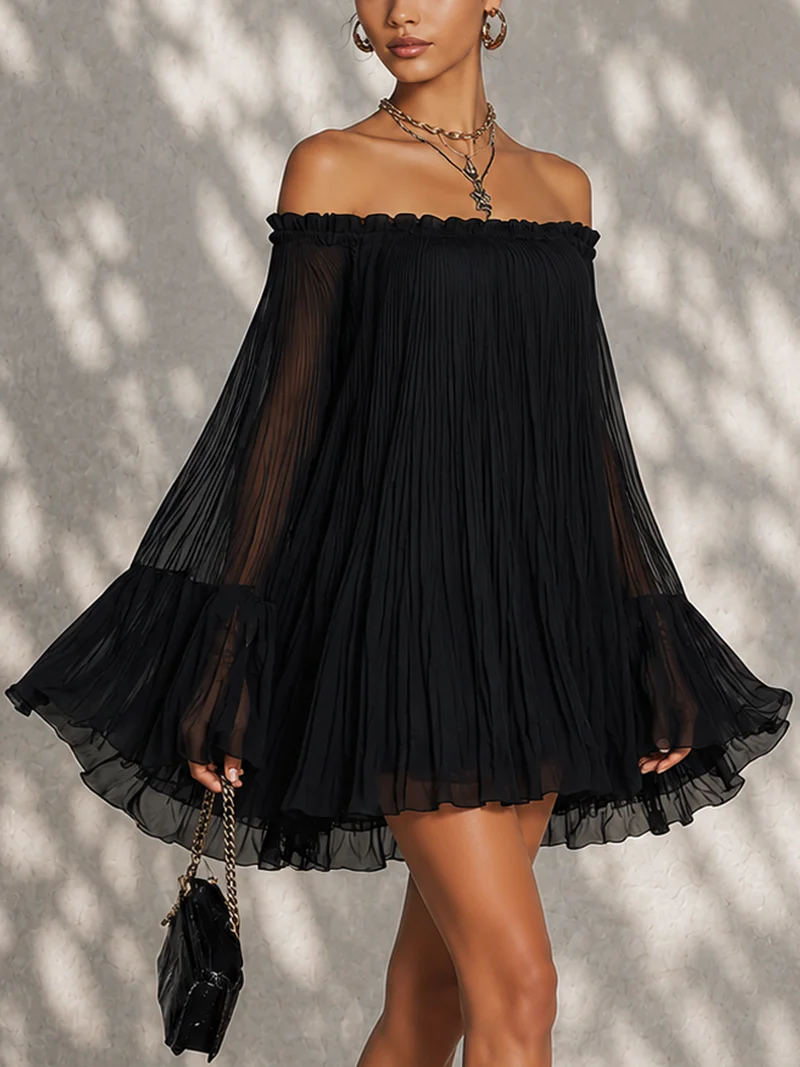Black Mini Dress in Chiffon with Off-Shoulder Neckline and Bell Sleeves — view 2