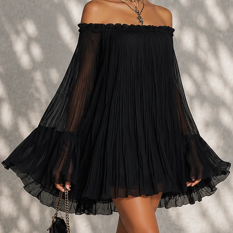 Black Mini Dress in Chiffon with Off-Shoulder Neckline and Bell Sleeves — view 2