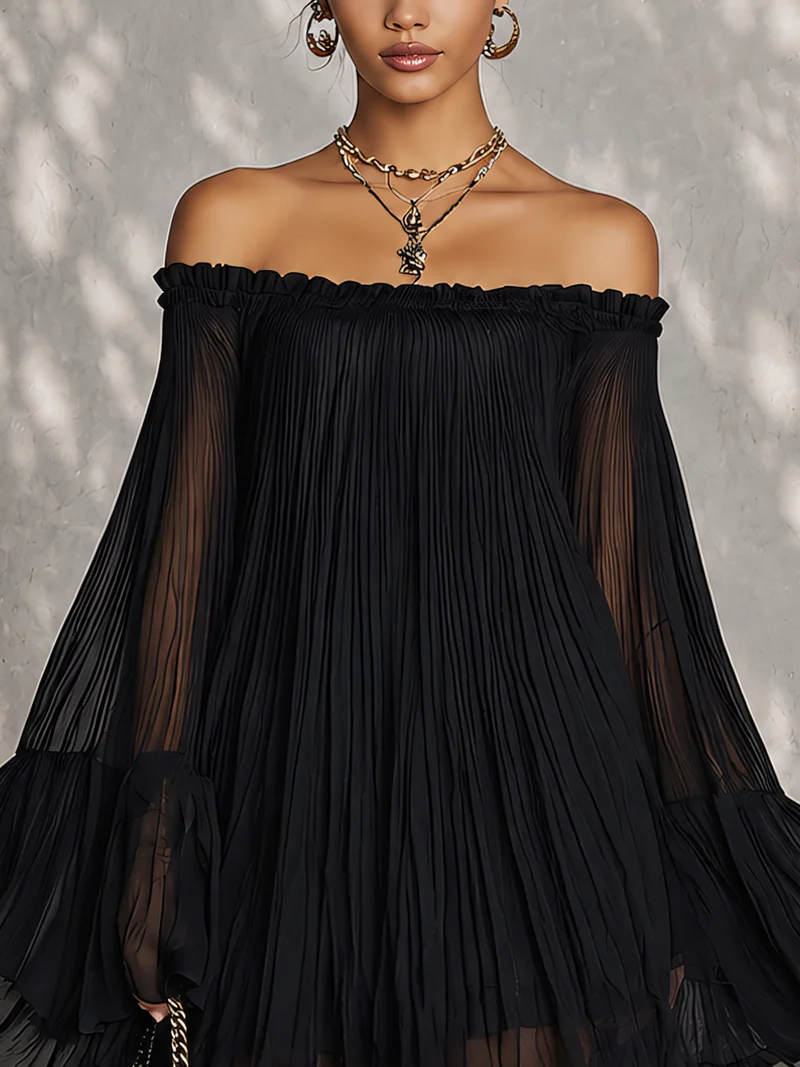 Black Mini Dress in Chiffon with Off-Shoulder Neckline and Bell Sleeves — view 4
