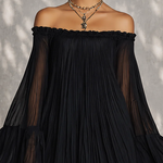 Black Mini Dress in Chiffon with Off-Shoulder Neckline and Bell Sleeves — view 4