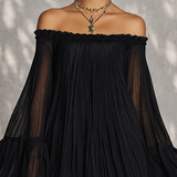 Black Mini Dress in Chiffon with Off-Shoulder Neckline and Bell Sleeves — view 4