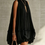 Mini Black Chiffon Dress with Frills and Round Neck — view 3