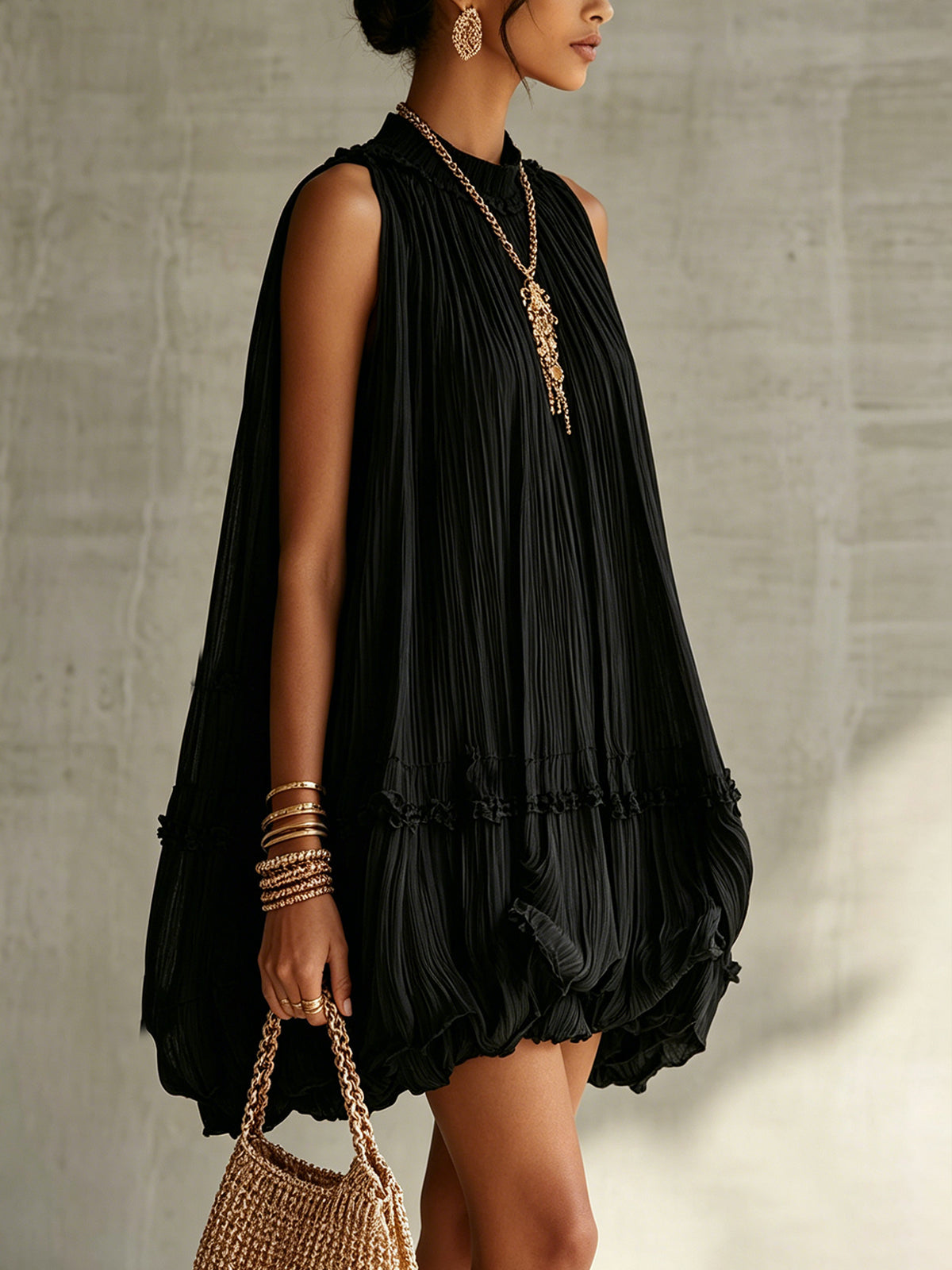 Mini Black Chiffon Dress with Frills and Round Neck — view 3