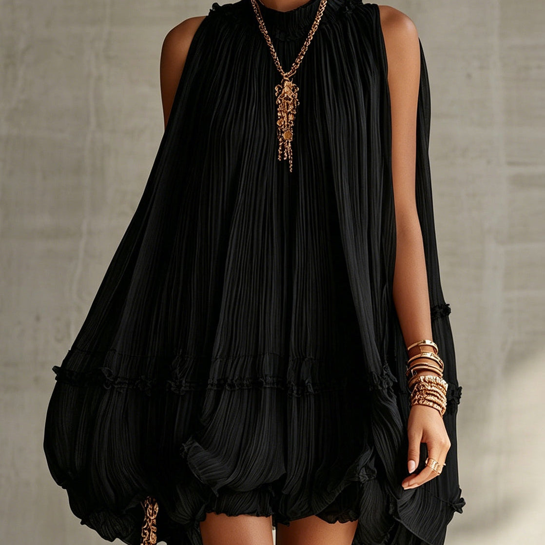 Mini Black Chiffon Dress with Frills and Round Neck — view 2