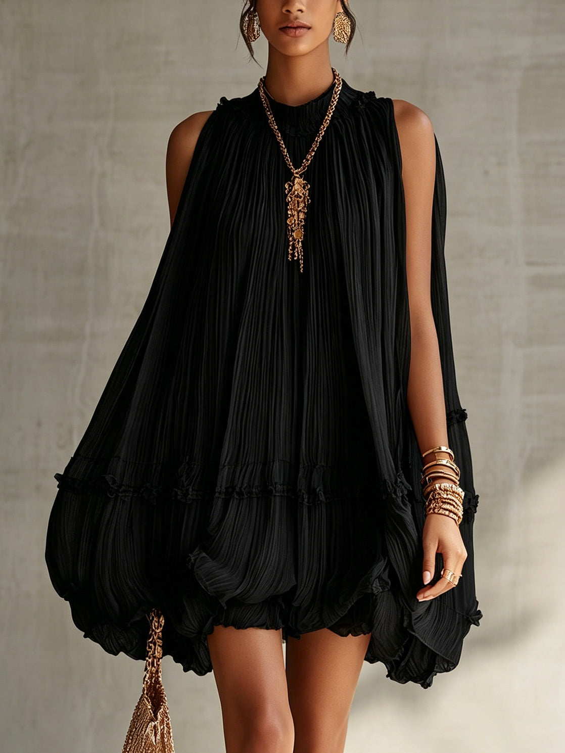 Mini Black Chiffon Dress with Frills and Round Neck — view 2