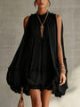 Mini Black Chiffon Dress with Frills and Round Neck — view 2